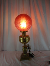 Load image into Gallery viewer, Antique Brass Electrified Oil Lamp Base with Fenton Cranberry Daisy Fern Glass Top Globe