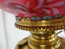 Load image into Gallery viewer, Antique Brass Electrified Oil Lamp Base with Fenton Cranberry Daisy Fern Glass Top Globe