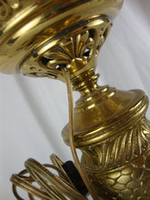 Load image into Gallery viewer, Antique Brass Electrified Oil Lamp Base with Fenton Cranberry Daisy Fern Glass Top Globe
