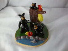 Load image into Gallery viewer, Lynn Bailey Folk Art Potter Two Bears with Baby in Tree Stump with Cardinal Bee Hive Figure