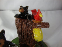 Load image into Gallery viewer, Lynn Bailey Folk Art Potter Two Bears with Baby in Tree Stump with Cardinal Bee Hive Figure