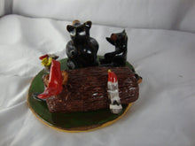 Load image into Gallery viewer, Lynn Bailey Folk Art Potter Two Bears with Baby in Tree Stump End with Cardinals with Nest Figure