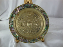 Load image into Gallery viewer, Vintage Alpaca Mexico Mayan Aztec Calendar Wall Plate with Abalone Shell Edge Trim