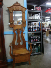 Load image into Gallery viewer, Vintage Tiger Oak Hall Tree with Bench Lift Seat and Top Mirror with Four Coat Hooks