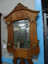 Load image into Gallery viewer, Vintage Tiger Oak Hall Tree with Bench Lift Seat and Top Mirror with Four Coat Hooks