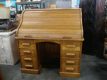 Load image into Gallery viewer, Vintage Oak Roll Top Two Piece Knee Hole Desk with Key