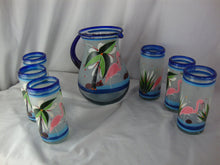 Load image into Gallery viewer, Vintage Mexico Blown Clear Cobalt Blue Rim Flamingo Motif Beverage Pitcher Six Glasses Set