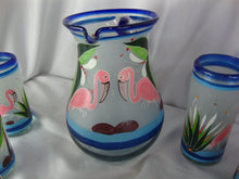 Load image into Gallery viewer, Vintage Mexico Blown Clear Cobalt Blue Rim Flamingo Motif Beverage Pitcher Six Glasses Set