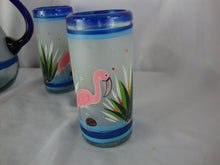 Load image into Gallery viewer, Vintage Mexico Blown Clear Cobalt Blue Rim Flamingo Motif Beverage Pitcher Six Glasses Set