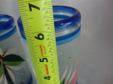 Load image into Gallery viewer, Vintage Mexico Blown Clear Cobalt Blue Rim Flamingo Motif Beverage Pitcher Six Glasses Set