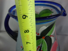 Load image into Gallery viewer, Vintage Mexico Blown Clear Cobalt Blue Rim Flamingo Motif Beverage Pitcher Six Glasses Set