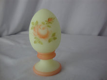 Load image into Gallery viewer, Vintage Fenton Uranium Burmese Painted Rose Floral Egg on Stand