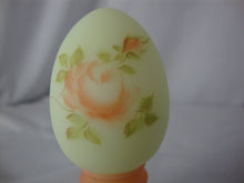 Load image into Gallery viewer, Vintage Fenton Uranium Burmese Painted Rose Floral Egg on Stand