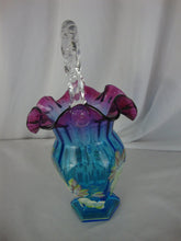 Load image into Gallery viewer, Vintage Fenton Mulberry & Blue Art Glass Handpainted Grapes Leaves Vase With Clear Handle