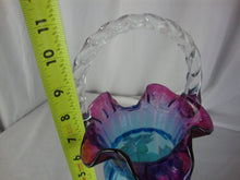 Load image into Gallery viewer, Vintage Fenton Mulberry & Blue Art Glass Handpainted Grapes Leaves Vase With Clear Handle