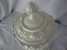 Load image into Gallery viewer, Vintage Cream Ceramic Pedestal Scrollwork Compote Candy Lidded Bowl