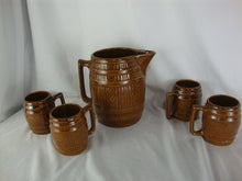 Load image into Gallery viewer, Vintage Unmarked McCoy Brown Barrel Pitcher with 4 Mugs Set