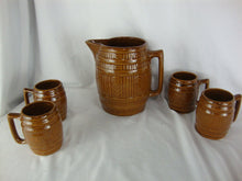 Load image into Gallery viewer, Vintage Unmarked McCoy Brown Barrel Pitcher with 4 Mugs Set