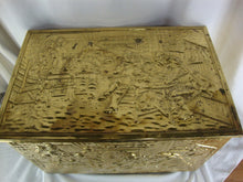 Load image into Gallery viewer, Vintage Brass Repousse English Pub Scene Kindling Storage Box Hinged Lid