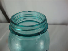 Load image into Gallery viewer, Antique Ball Perfect Mason Aqua Glass Jar with Offset Printing Error No Lid