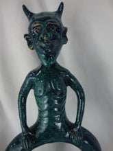 Load image into Gallery viewer, Marvin Bailey Folk Art Potter Aqua Blue Speckle Devil on Circle Body Jug