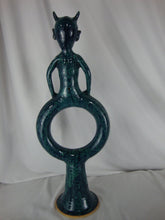 Load image into Gallery viewer, Marvin Bailey Folk Art Potter Aqua Blue Speckle Devil on Circle Body Jug