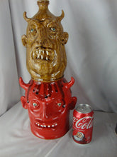 Load image into Gallery viewer, Marvin Bailey SC Folk Art Potter Red Tan Devil Double Stack Pottery Jug 17" Tall
