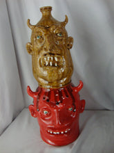 Load image into Gallery viewer, Marvin Bailey SC Folk Art Potter Red Tan Devil Double Stack Pottery Jug 17" Tall