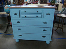 Load image into Gallery viewer, Vintage Sky Blue Painted 7 Drawer Bun Foot Dresser