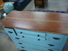 Load image into Gallery viewer, Vintage Sky Blue Painted 7 Drawer Bun Foot Dresser