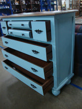 Load image into Gallery viewer, Vintage Sky Blue Painted 7 Drawer Bun Foot Dresser
