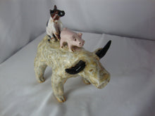 Load image into Gallery viewer, Lynn Bailey SC Pottery Tan Bull Pig and Black White Dog on Back Pottery Figurine