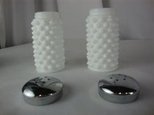 Load image into Gallery viewer, Vintage Fenton Milk Glass Hobnail Salt and Pepper Shaker Set with Metal Lids