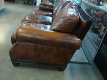 Load image into Gallery viewer, Henredon Camel Back Brown Leather Nailhead Trim Three Cushion Sofa Couch