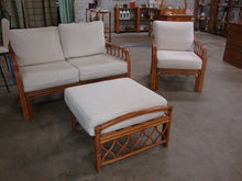 Load image into Gallery viewer, Vintage Indoor Outdoor Rattan Loveseat Armchair and Ottoman with White/Tan Striped Cushions Set