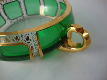 Load image into Gallery viewer, Antique Moser Glass Cabochon Green Bohemian Handled Nappy Bowl
