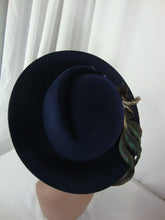 Load image into Gallery viewer, Vintage Geiger Austria Women's Blue Wool Felt Dress Hat with Feather Fascinator