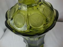 Load image into Gallery viewer, Vintage Fostoria Glass Coin Dot Olive Green Glass Footed Dish with Lid