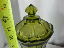 Load image into Gallery viewer, Vintage Fostoria Glass Coin Dot Olive Green Glass Footed Dish with Lid