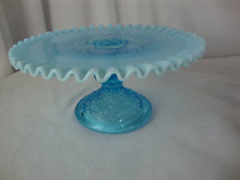Load image into Gallery viewer, Vintage Fenton Aqua Blue Opalescent Hobnail Cake Plate With Crimped Edges