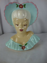 Load image into Gallery viewer, 1940s Shawnee USA Aqua Pink Lady Head Vase Wall Pocket