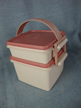 Load image into Gallery viewer, Vintage Tupperware Mauve Double Stackable Plastic Lunchbox with Handle Strap Set