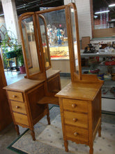 Load image into Gallery viewer, Vintage Tiger Oak Tryptich Mirror 6 Drawer Makeup Vanity Desk
