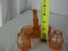 Load image into Gallery viewer, Vintage Vaseline Pink Glass Salt Pepper Shakers with Glass Caddy Holder