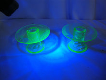 Load image into Gallery viewer, Vintage Paden City Vaseline Etched Glass Candleholders Set of 2