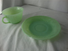 Load image into Gallery viewer, Vintage Fire King Jadeite Glass Alice Pattern Teacup and Saucer Set