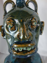 Load image into Gallery viewer, Marvin Bailey SC Folk Art Pottery Blue/Green Streaked 5 Tooth Ugly Face Jug Double Handle on Base