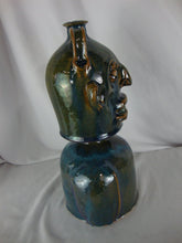 Load image into Gallery viewer, Marvin Bailey SC Folk Art Pottery Blue/Green Streaked 5 Tooth Ugly Face Jug Double Handle on Base