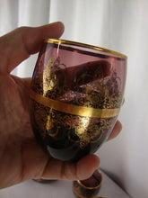 Load image into Gallery viewer, Vintage Amethyst with Gold Trim Purple Decanter and Five Tumbler Glasses