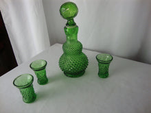 Load image into Gallery viewer, Vintage Green Diamond Point Small Decanter with Stopper and Three Glasses